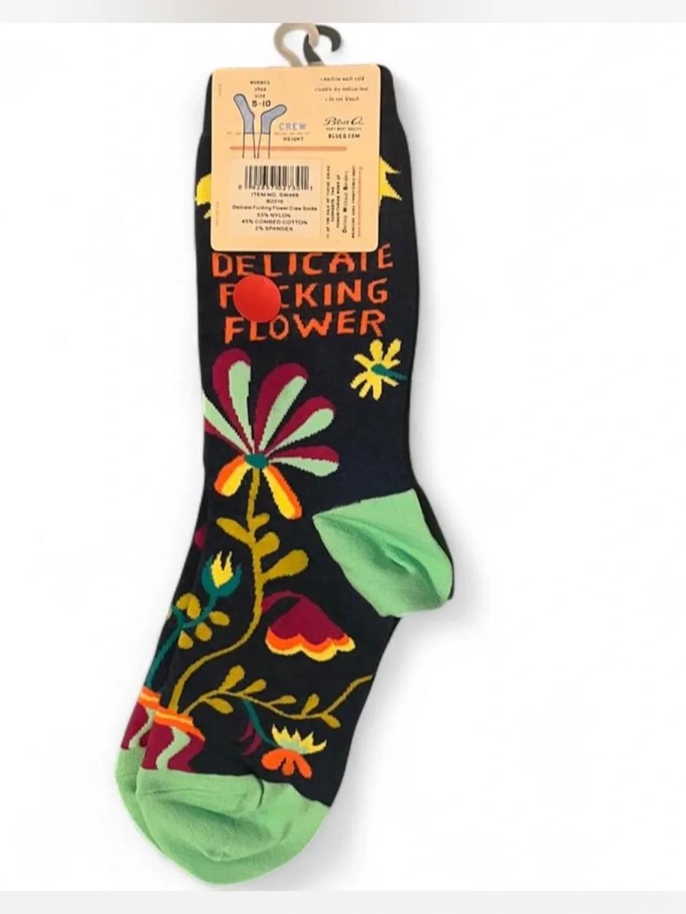 Blue Q Novelty Floral Crew Socks with floral accents. Delicate f*cking flower